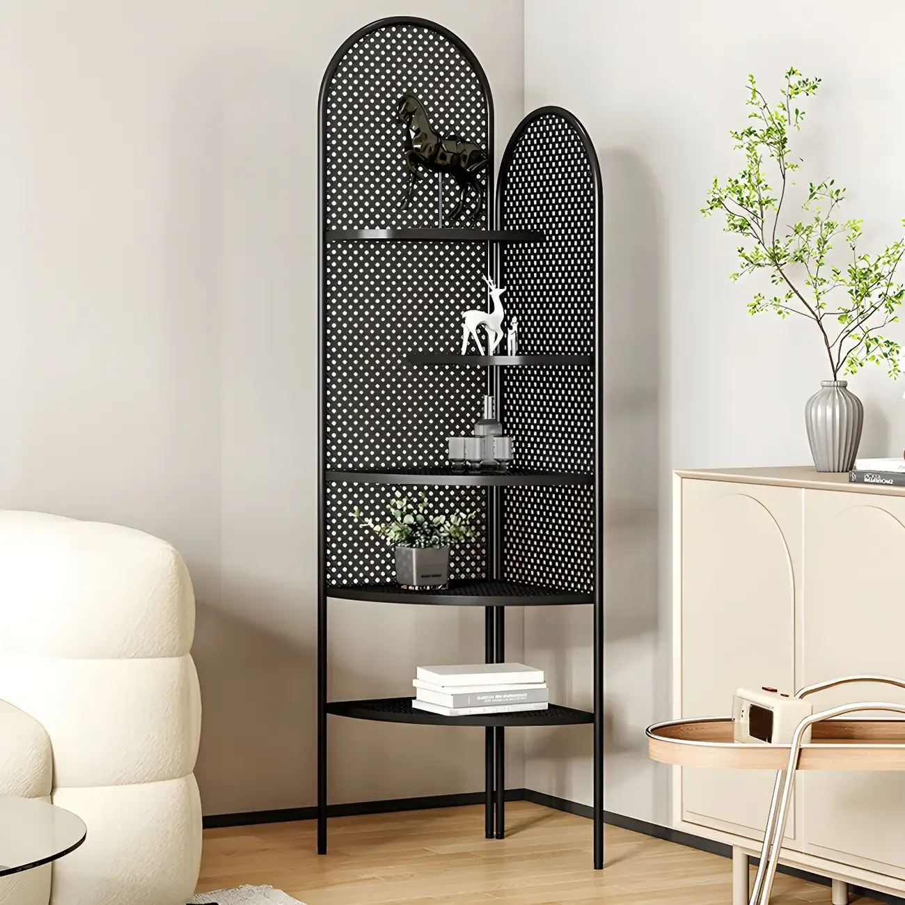 Modern Black Metal Arch Holey Back Display Corner Cabinet