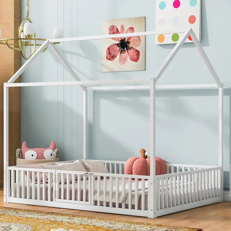 White House-Style Full Metal Bed with Fence & Door, 1-Person