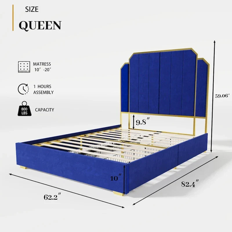 Gold & Blue Velvet Queen Bed Frame with Channel Headboard, 2-Person