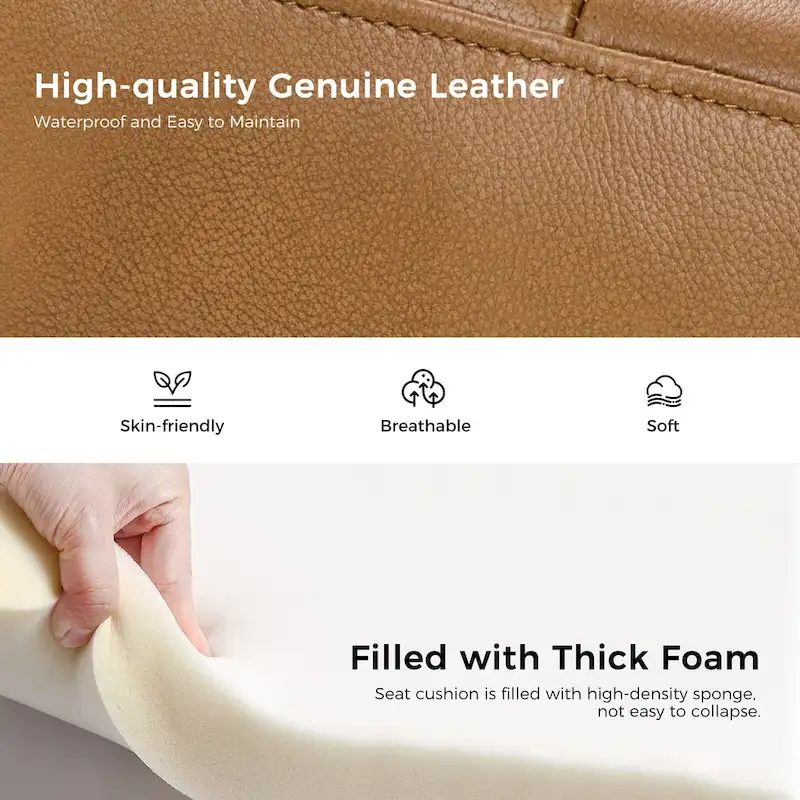 Genuine Leather Tufted Bench with Solid Wood Base