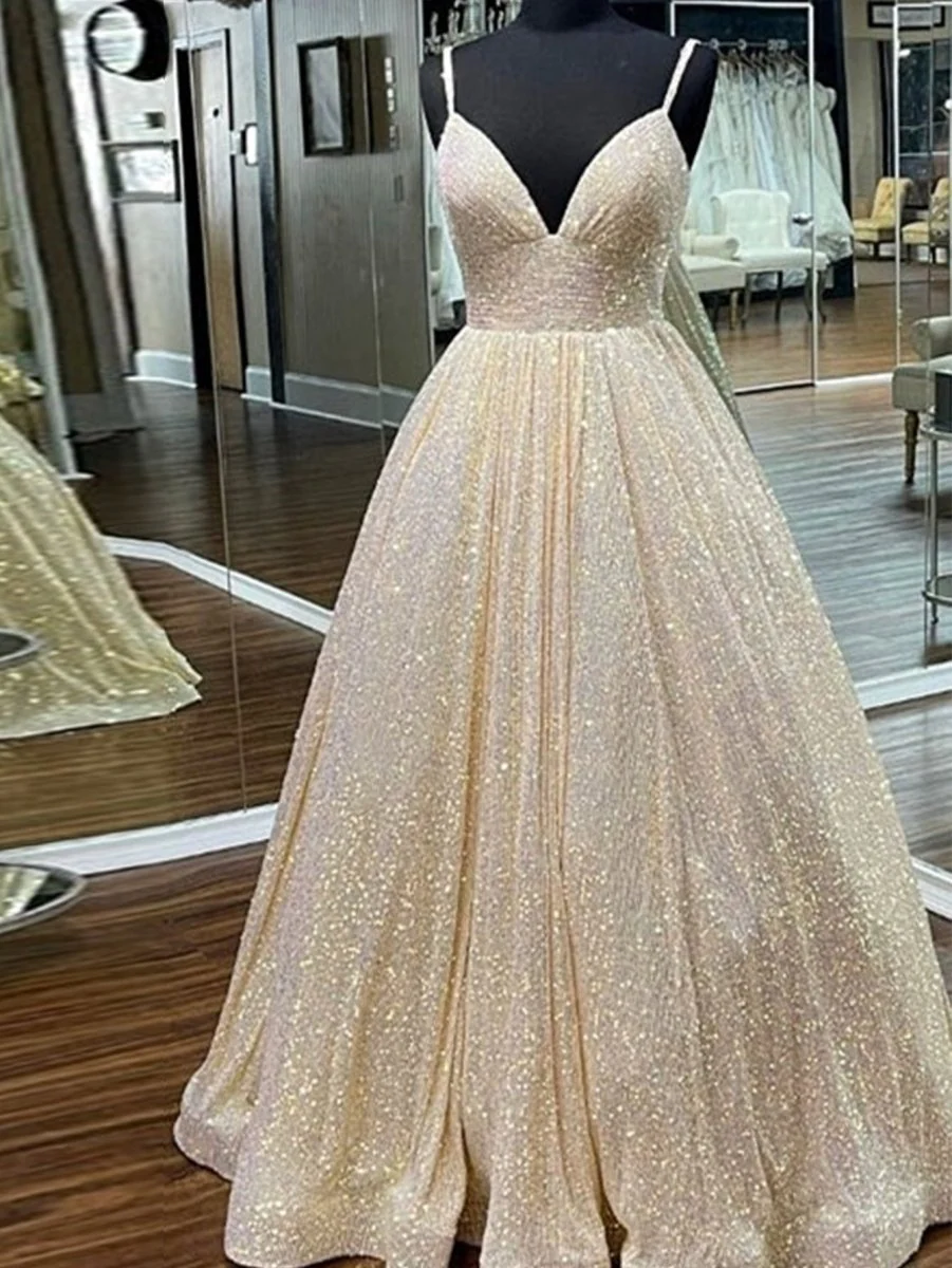 A-line V Neck Sequins Long Prom Dress