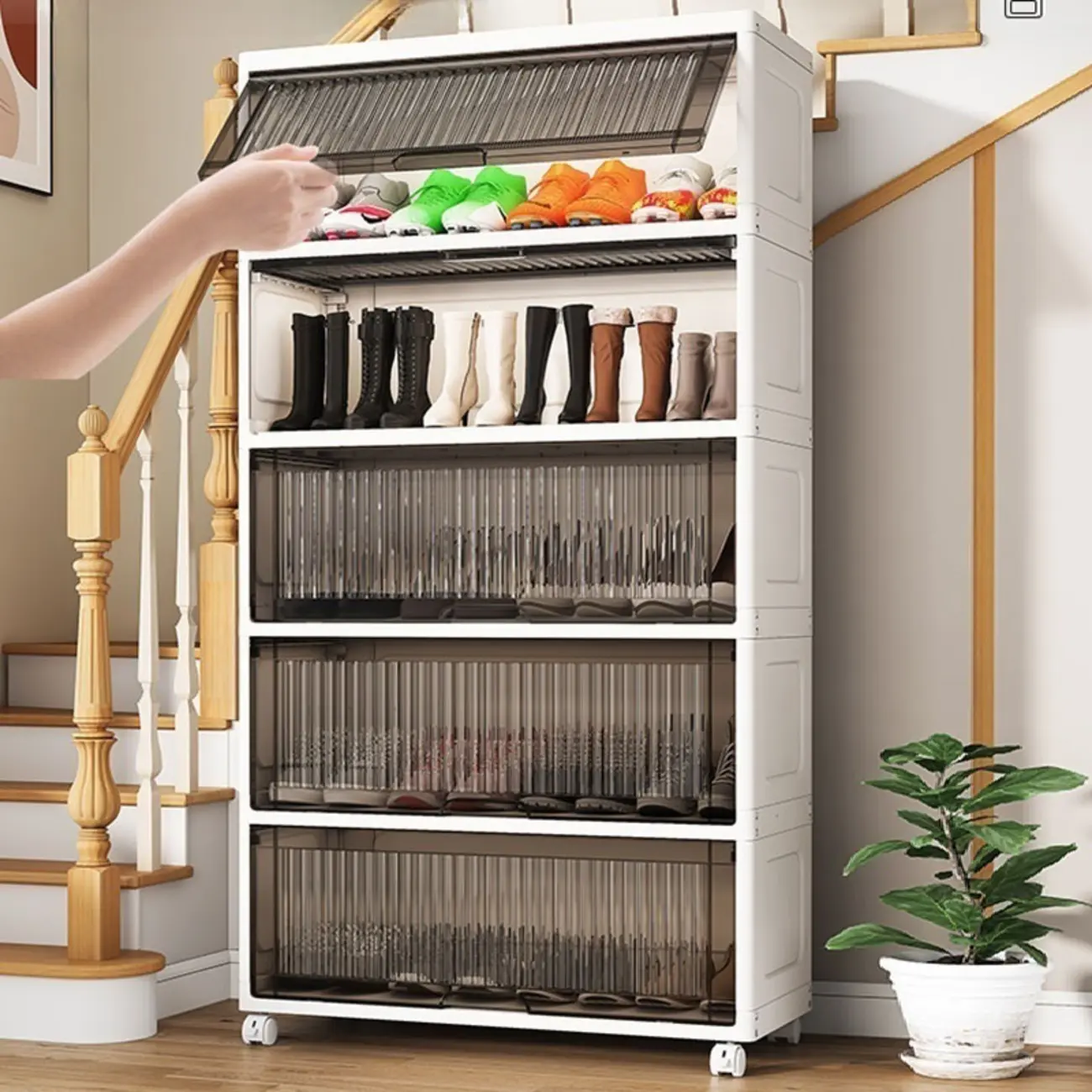 Hallway White Plastic Drop-Front Shoe Cabinet with Casters