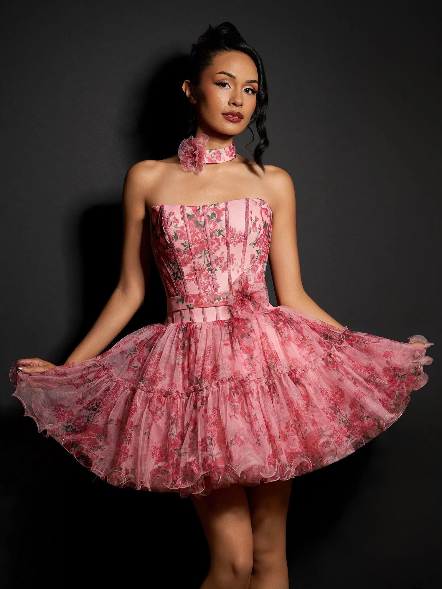 Pink Strapless A-Line Floral Short Homecoming Dresses With Ruffles