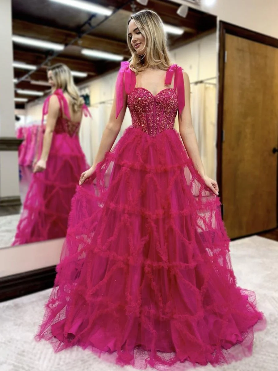 Fuchsia A Line Sweetheart Tiered Tulle Long Prom Dresses