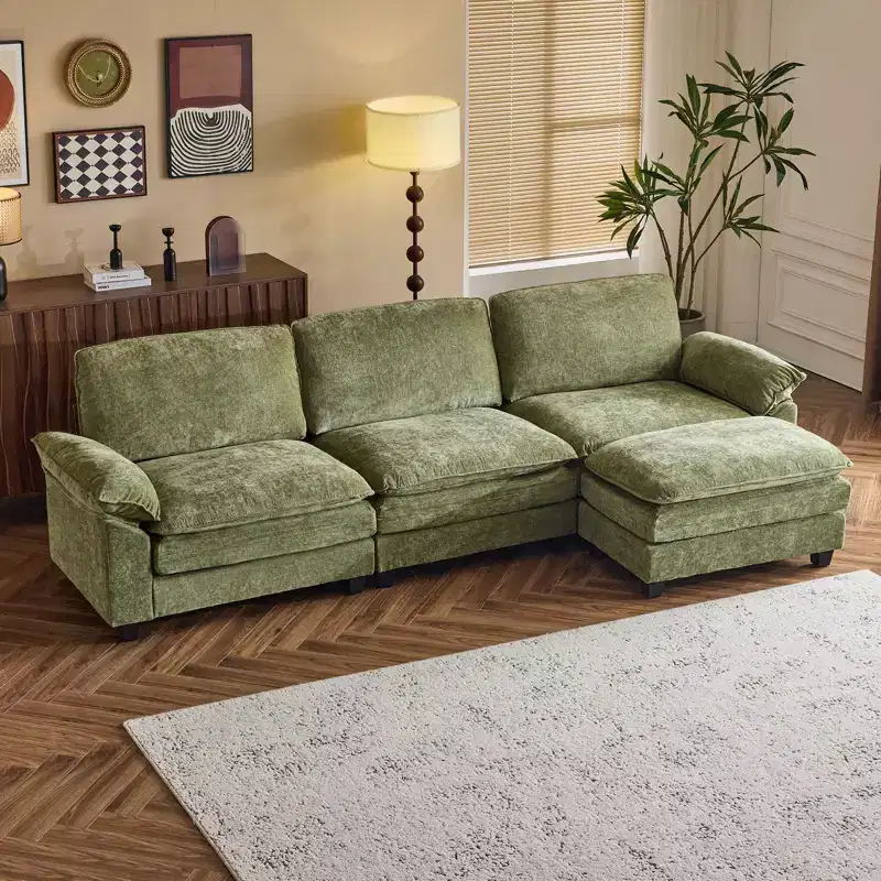 Karl Home |120 in. W Pillow Top Arm Double-layer Cushion Chenille Sofa in Brown With Ottoman
