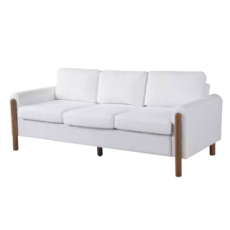 Homy Casa 83.86 Three-Seat Sofa with Curved Armrests & Integrated Wood Legs, Teddy Upholstery