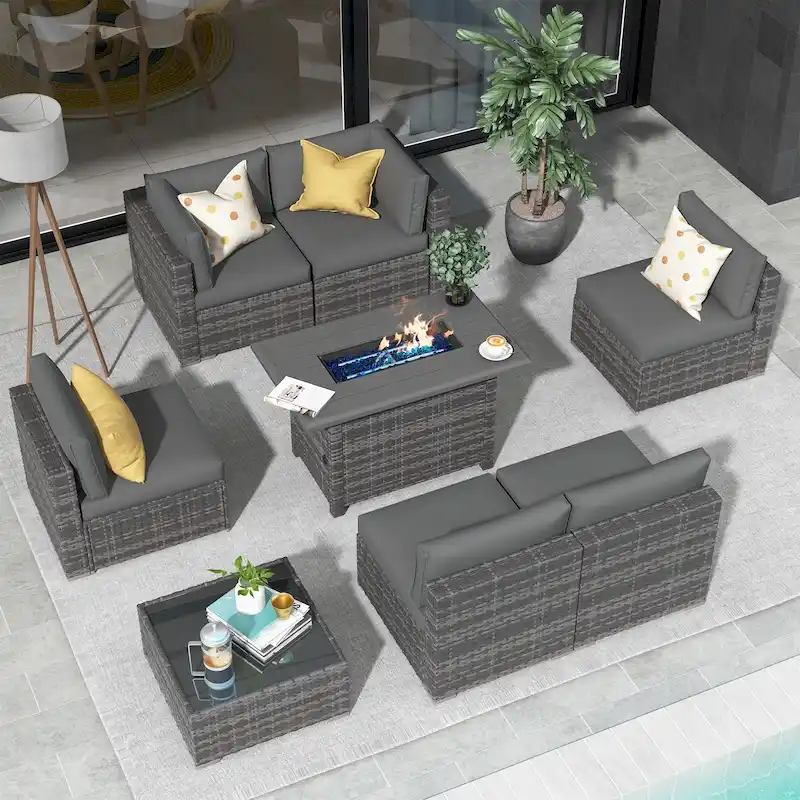 Outdoor 8 Pieces Sectional Wicker Sofa Set with Fire Pit