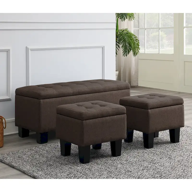 Blue / Brown Tufted Storage Bench Set, 3-Piece