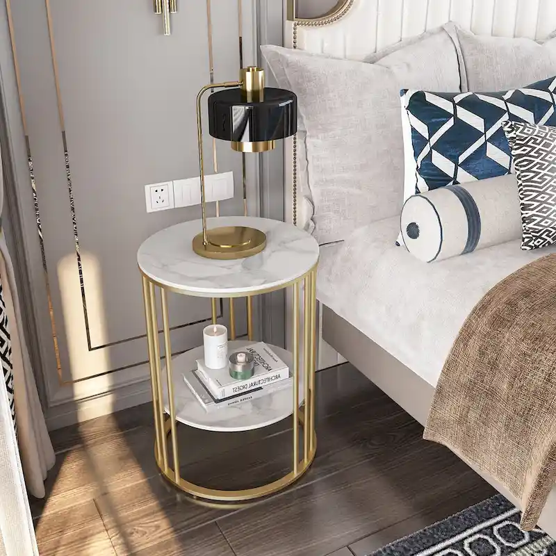 Cold Jadeite / Black / Gold 2-Tier Round Sintered Stone End Table – Single