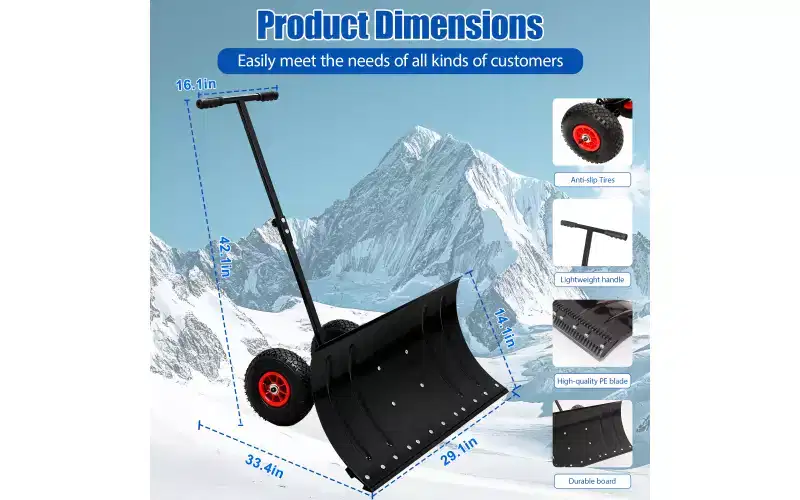 Snow Shovel with Wheels & Snow Pusher, Cushioned Adjustable Handle, 29 Blade, 10 Wheels (Black)