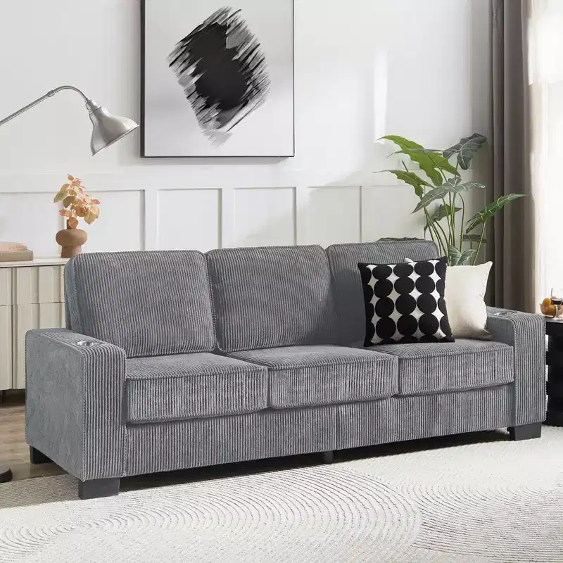 TUYOHW 83.86 Inch Modern Corduroy Couch,3-Seater Sofa with 2 Cup Holders for Living Room,Bedroom,Office,Apartment,Gray