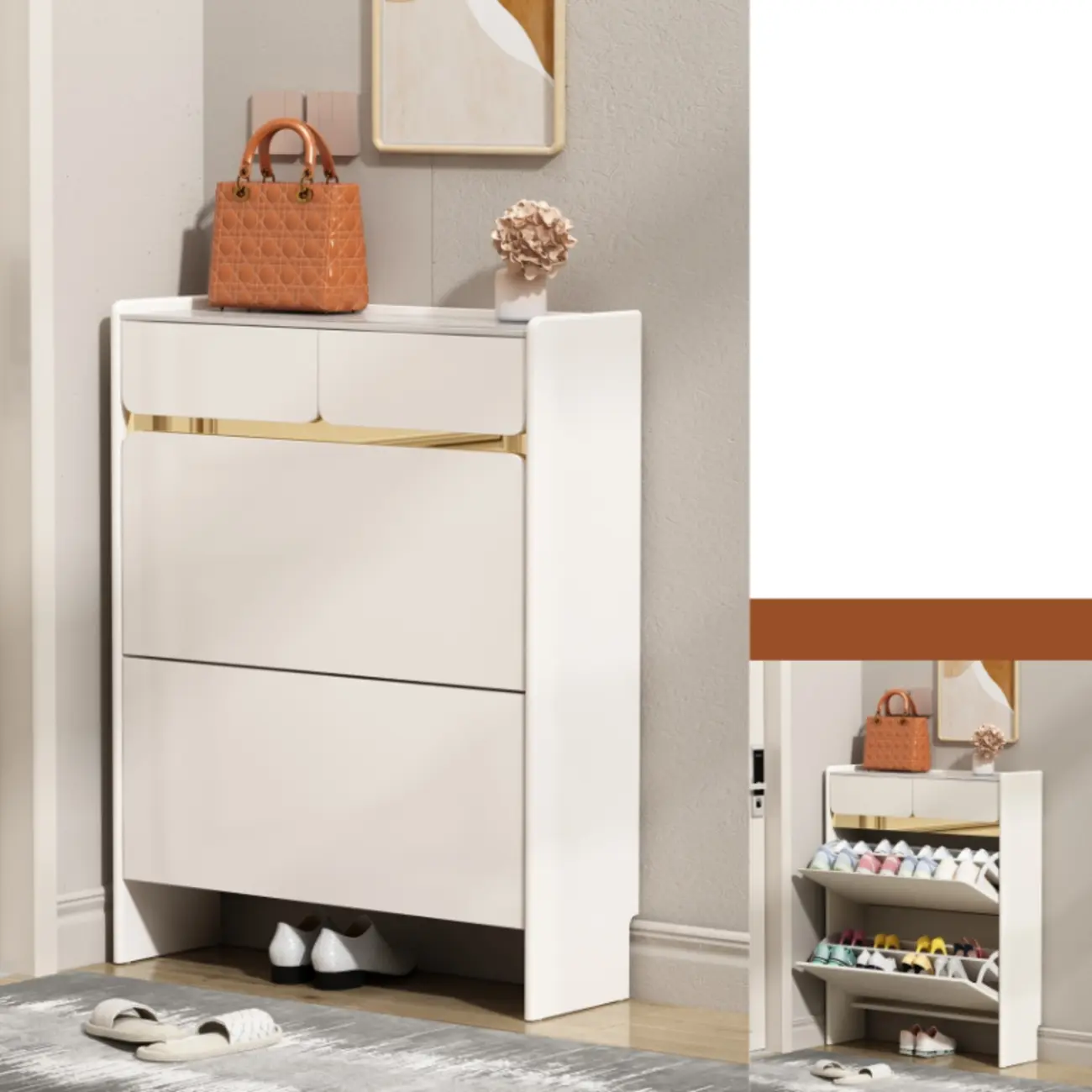 Entryway Glam White Wood Shoe Cabinet with Drawers