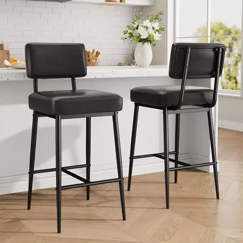 Bar Stools Set of 2, 26 Counter Height Bar Stools with Backs, Modern Faux Leather Upholstered Bar Stools with Metal Legs for Kitchen Island, Home Bar