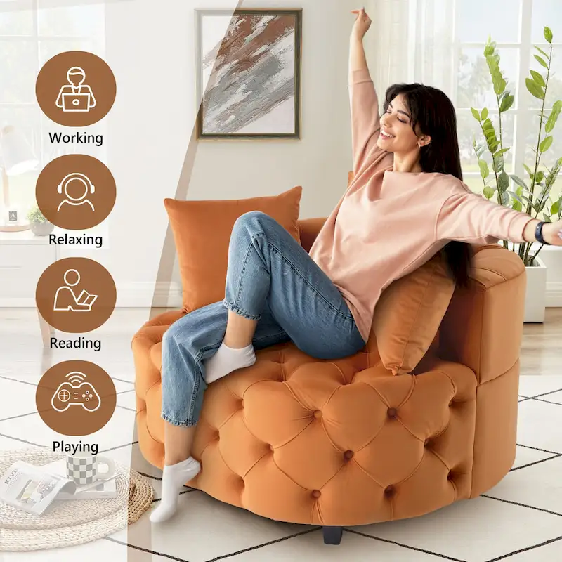 Velvet Modern Leisure Big Classical Barrel Chair with 2 Pillows