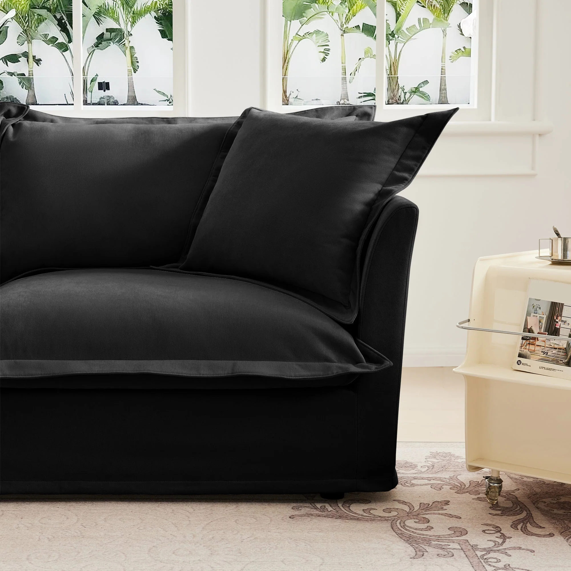 Walker Edison | Wide Deep Seat Slipcovered Black Loveseat Sofa with Ottoman
