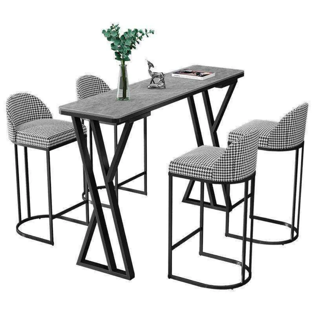 Rectangular Sleek Stone Top Metal Gray Double Pedestal Bar Table