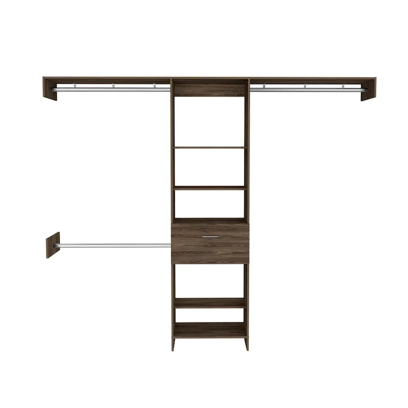 Cross Closet System with Drawer, 3 Metal Rods, and 5 Open Shelves
