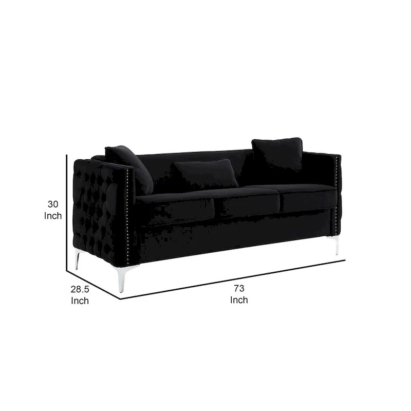 Joel 73 Inch Modern Sofa with 3 Pillows, Tufted Black Velvet, Silver Legs