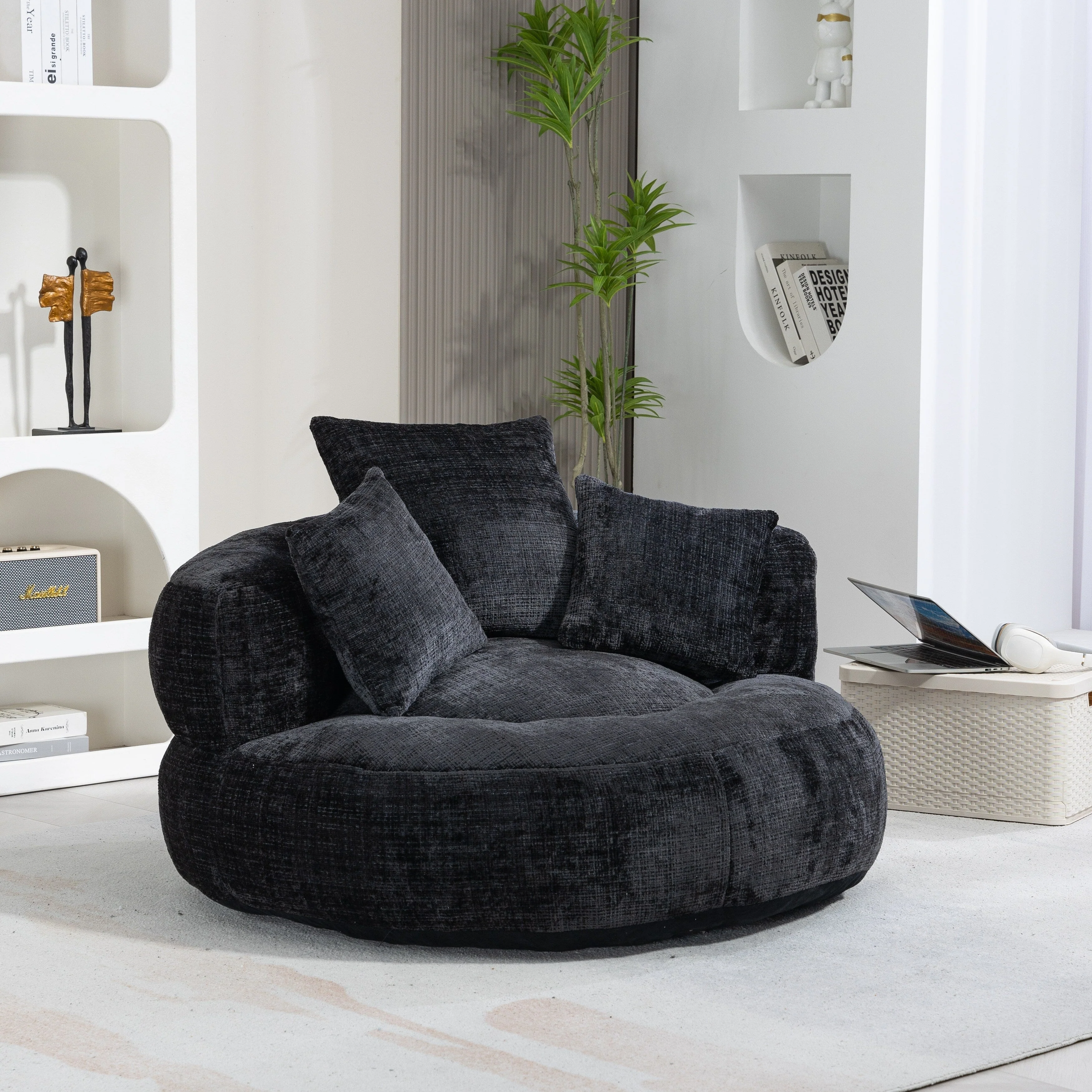 Black Oversized 42.52 Chenille Lazy Bean Bag Single Sofa with Three Pillows for Bedroom