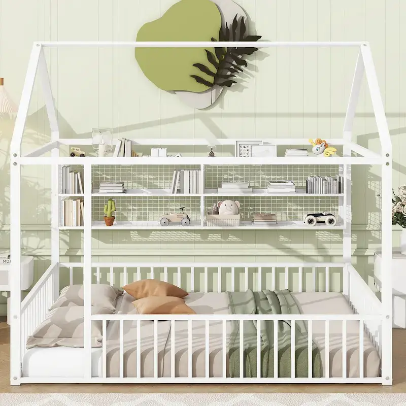 Metal House Bed Full Size Montessori Floor Bed with Fence