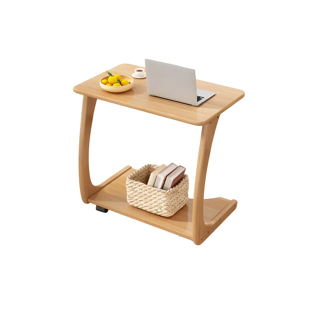 Walnut C-Shaped Side Table With Casters