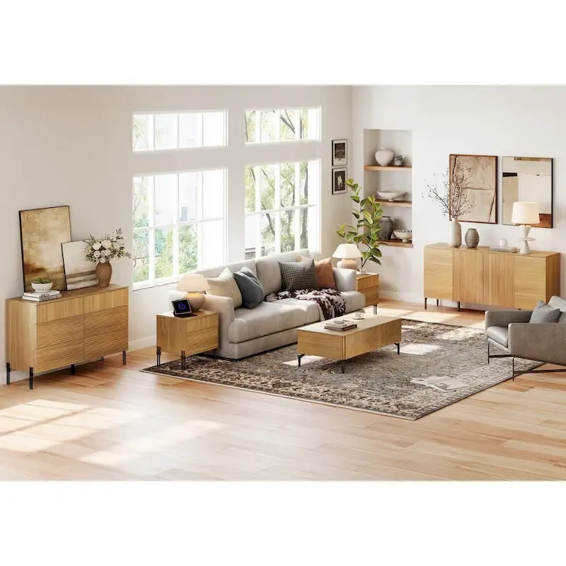 4-Piece Bedroom Furniture Set, 47 Fluted 6 Drawer Dresser, 61 Buffet Sideboard, 2 Nightstand with Charging Station, Oak