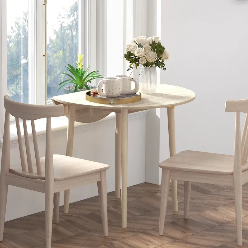 HOMCOM 35 Round Folding Dining Table, Collapsible Drop Leaf Table for Small Spaces, Small Kitchen Table with Solid Wood Legs