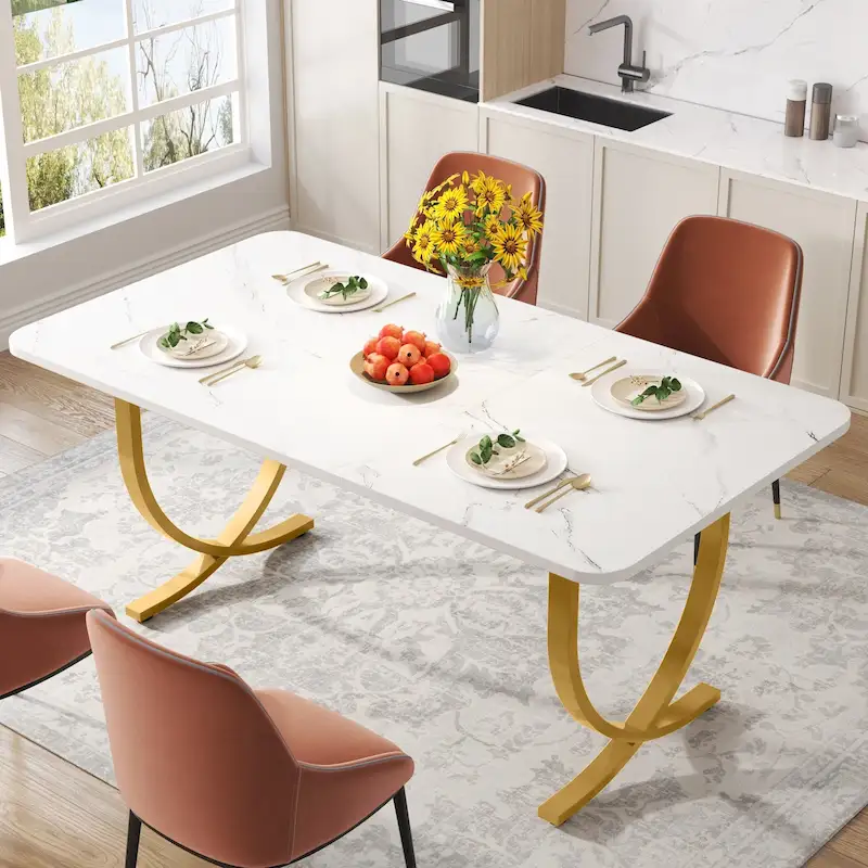 White & Gold Rectangular Dining Table, Seats 4–6