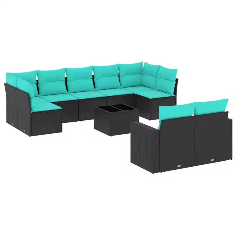 vidaXL 10 Piece Patio Sofa Set with Cushions Black Poly Rattan
