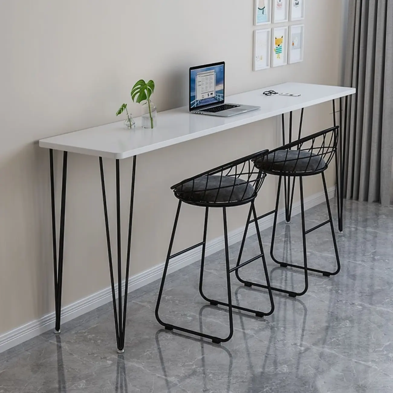 Sleek Modern White Bar Height Table Wood Top Metal Base