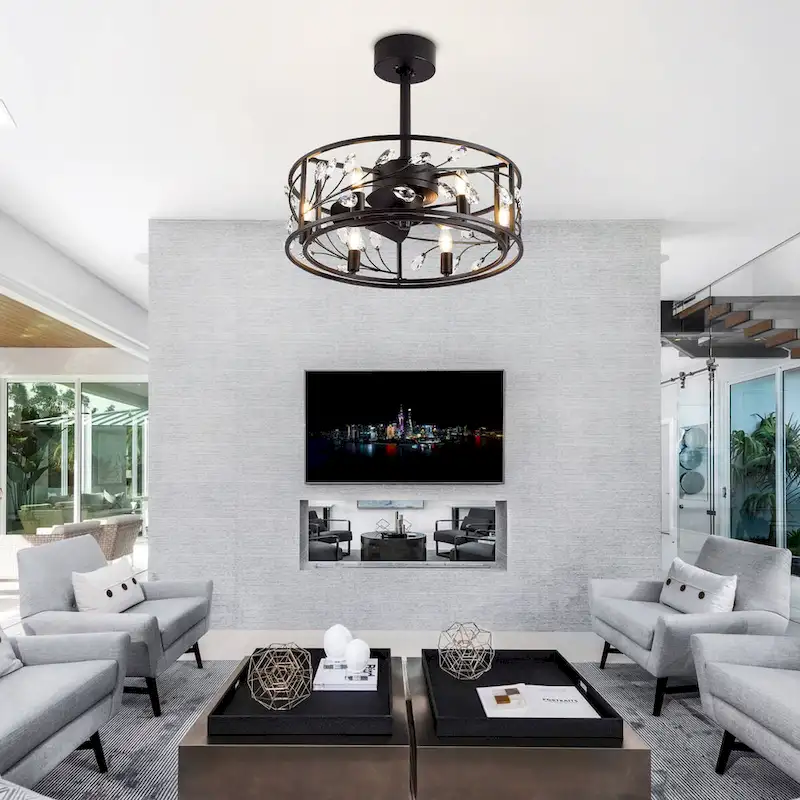 20-In Black Crystal Caged Ceiling Fan with Light Remote-6 Light