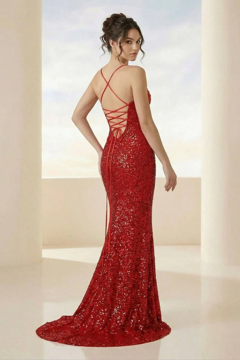 Red Spaghetti Straps Sequins Mermaid Long Formal Prom Dresses With Slit