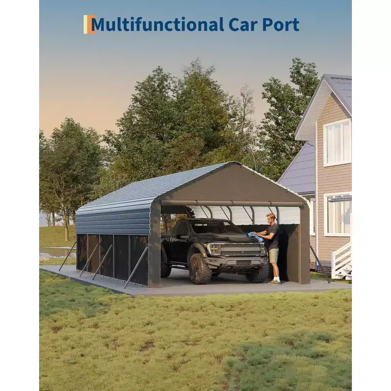 10x20 ft Enclosed Metal Car Port, All-Weather Use, Vertical Steel Roof, Man Door, for Full-Sized Pickup Trucks