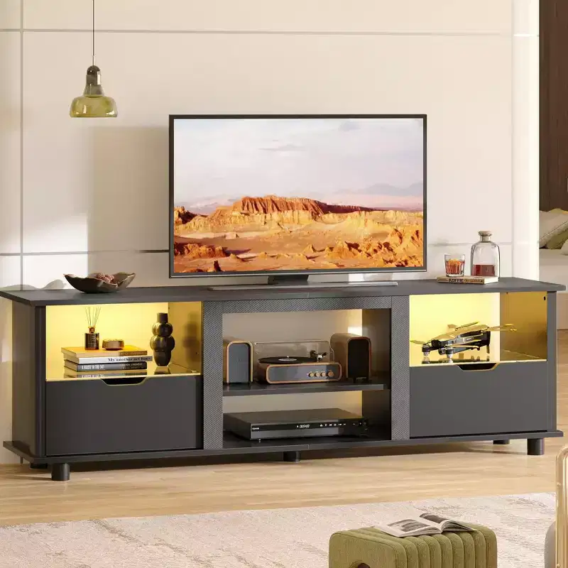 Bestier 70 inch TV Stand with LED Lights, Entertainment Center for TVs up to 75, TV Console Table with Drawers & Adjustable Shelves