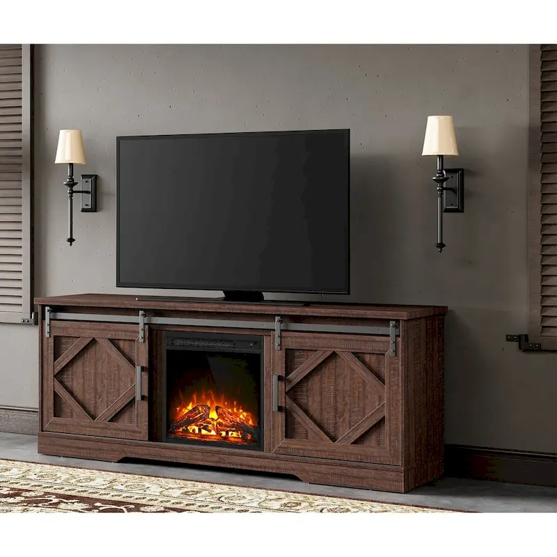 Fireplace TV Stand Farmhouse Sliding Barn Door Entertainment Center