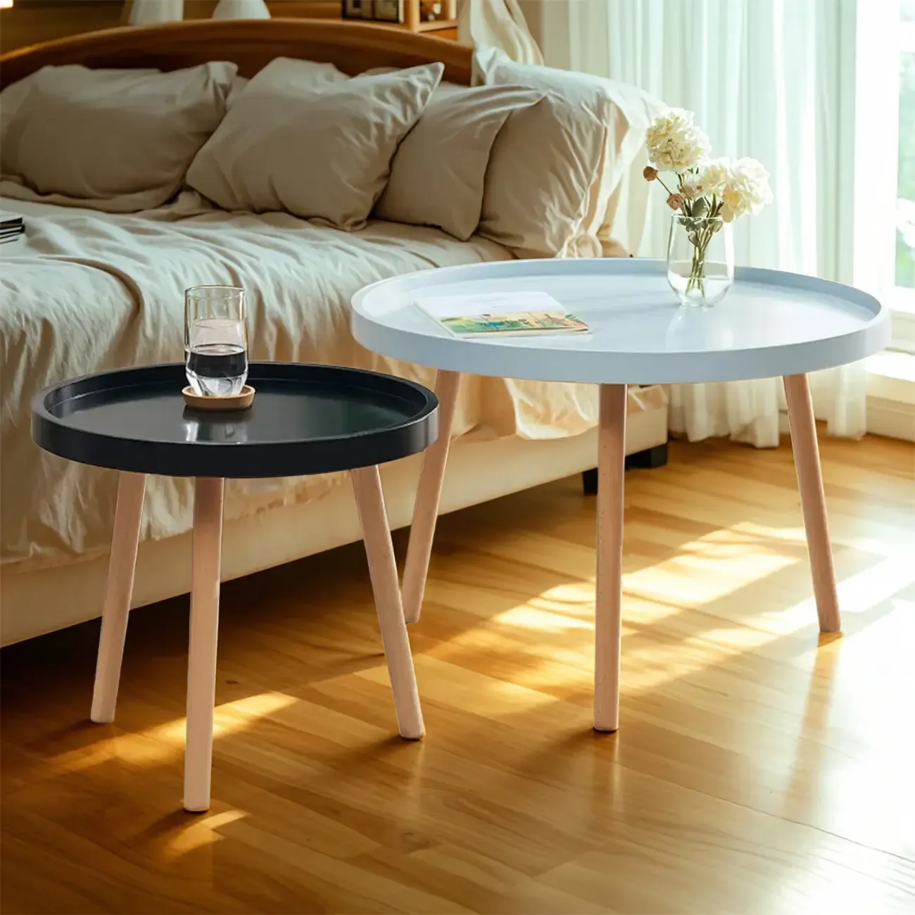 Modern Round Waterproof Coffee Table with Wood Three Leg