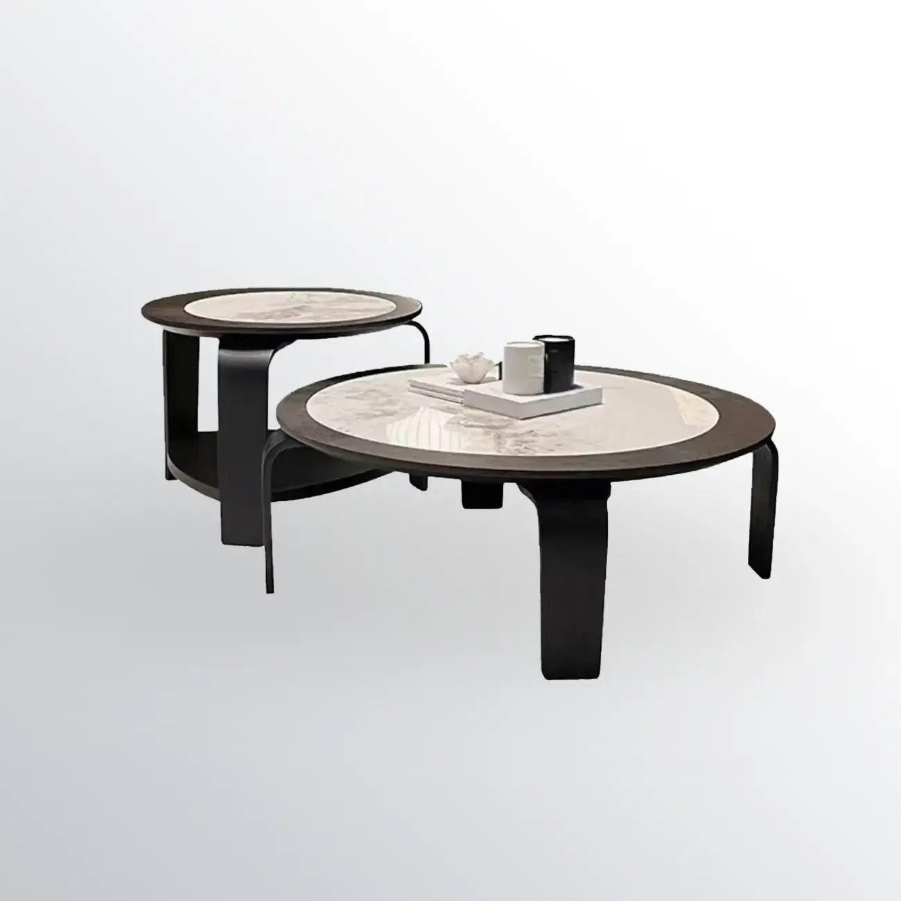 Unique Marble Round 2 Nesting Coffee Table Set with Wood Base