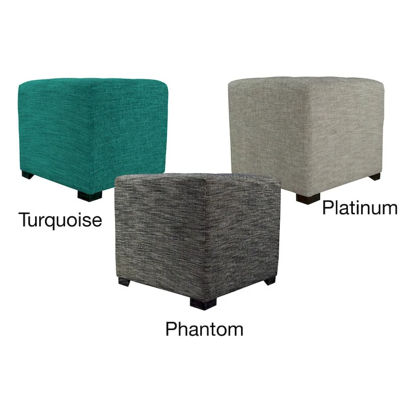 Square Button-Tufted Cotton Ottoman – Espresso / Grey / Aqua, Wood Legs, Single