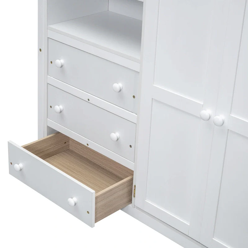 White Full Size Solid Wood Loft Bed with Wardrobe, Desk, 3 Drawers & Shelves | 350 lb
