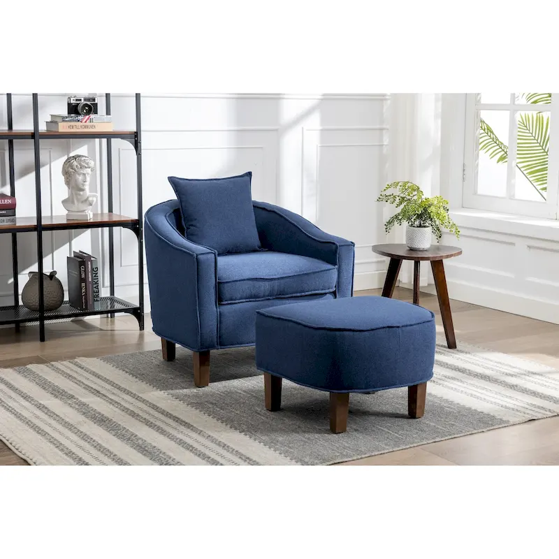 Linen/Polyester Upholstered Mid Century Barrel Chair with Ottoman