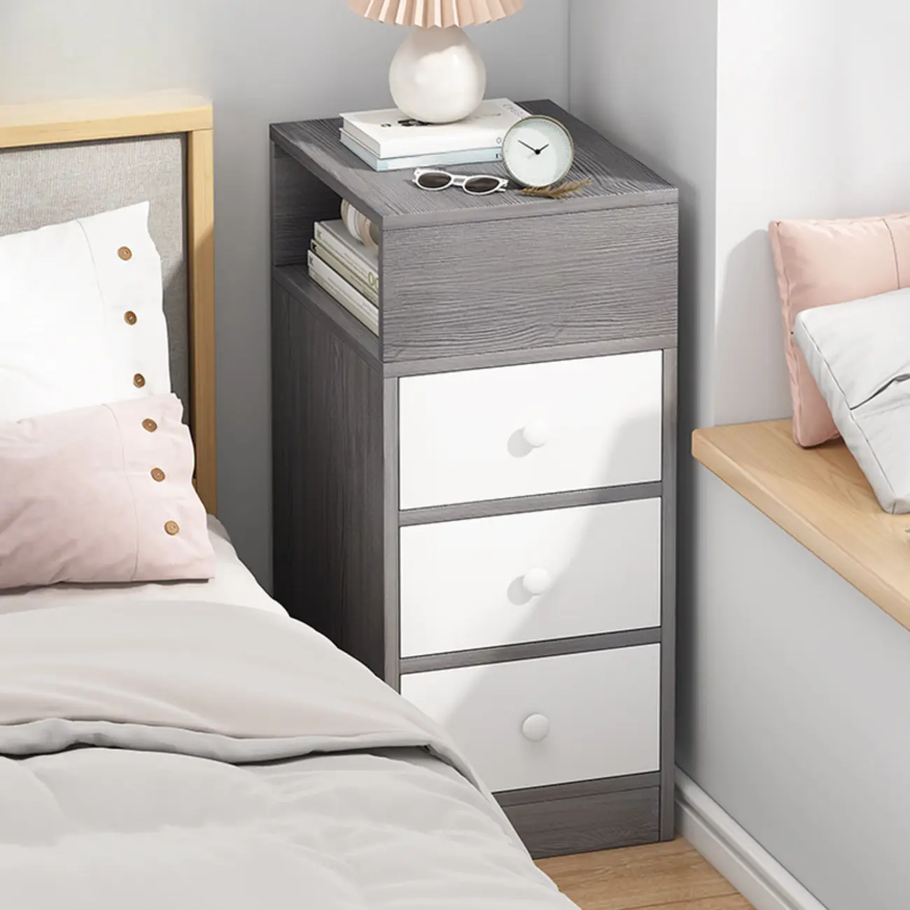 Natural Finish Casual Engineered Wood 3 Drawer Nightstand