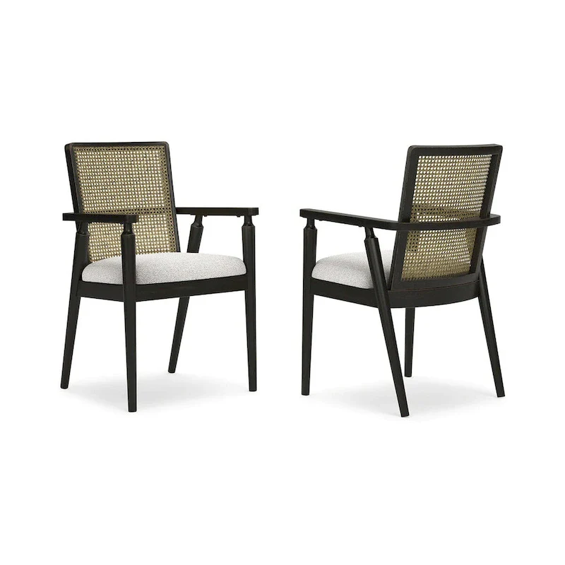 Dining Arm Chair with Faux Cane Backrest - Black/Gray, Set of 2