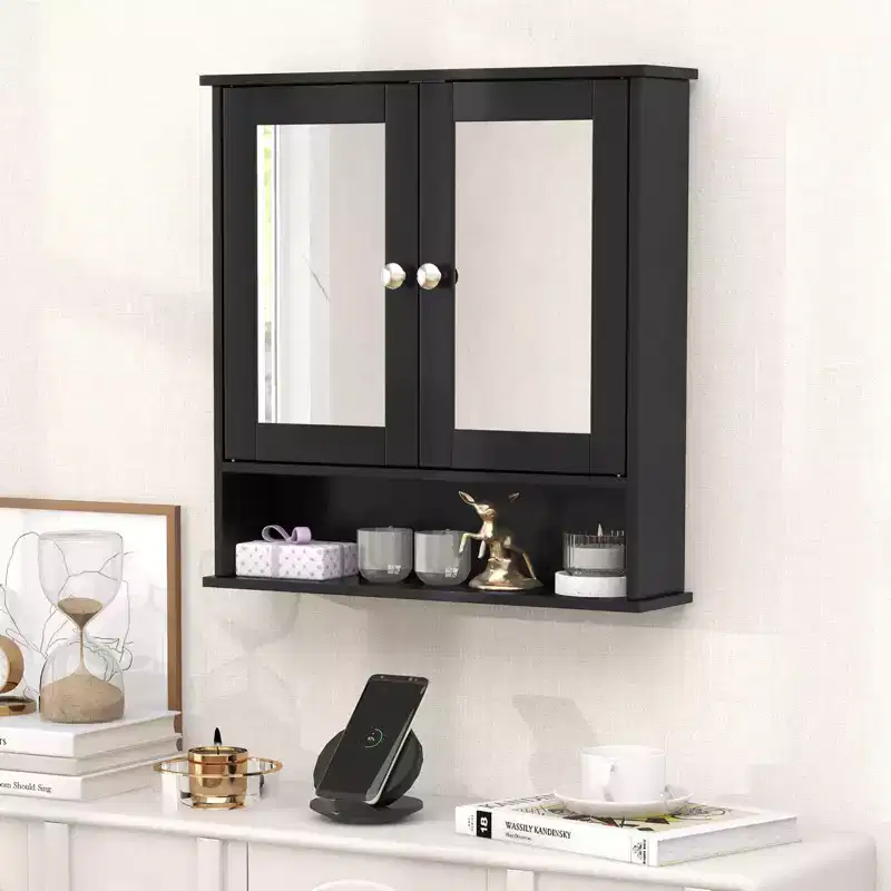 Costway Wall Mount Mirror Cabinet Bathroom Medicine Cabinet Organizer White/Gray/Brown/Black