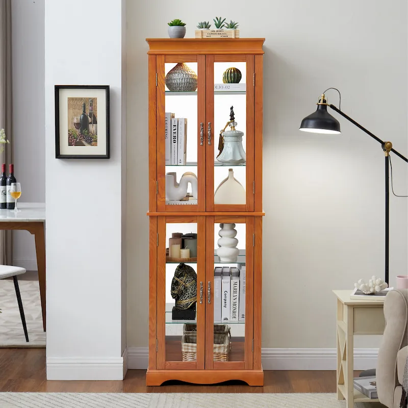 Lighted Glass Curio Display Cabinet,Display Cabinet,Glass Storage Cabinet Glass Wine cabinet Wood Frame Toy Display