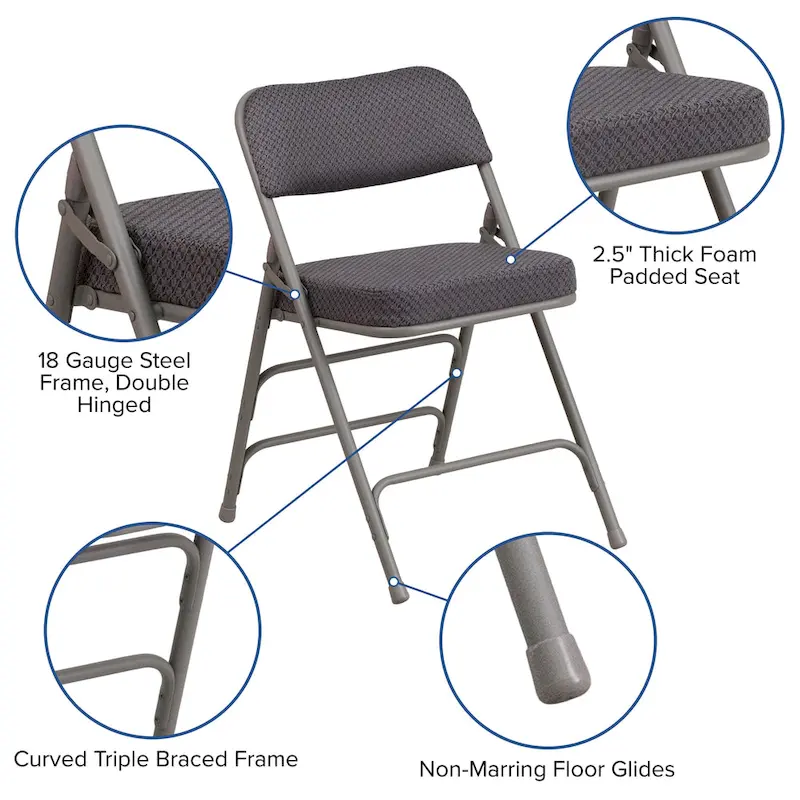 2 Pack Curved Triple Braced & Hinged Fabric Upholstered Metal Folding Chair