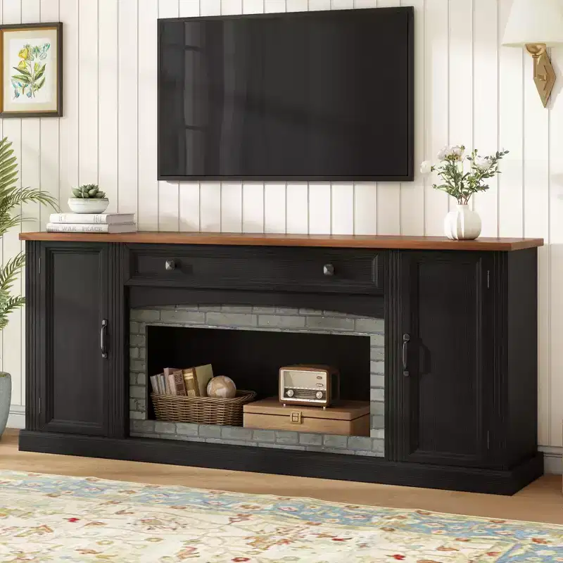 3pcs TV Stand & Bookshelf Set for TVs up to 70, Media TV Console Entertainment Center with Adjustable Shelves&Gray Brick Accent - ModernLuxe