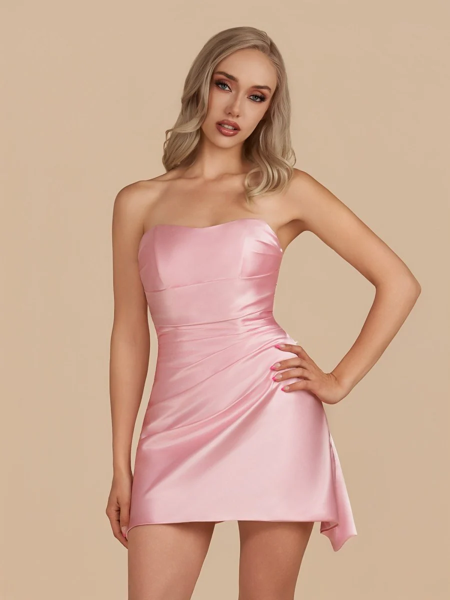 Pink - Strapless Sheath Irregular Hem Satin Short Homecoming Dress