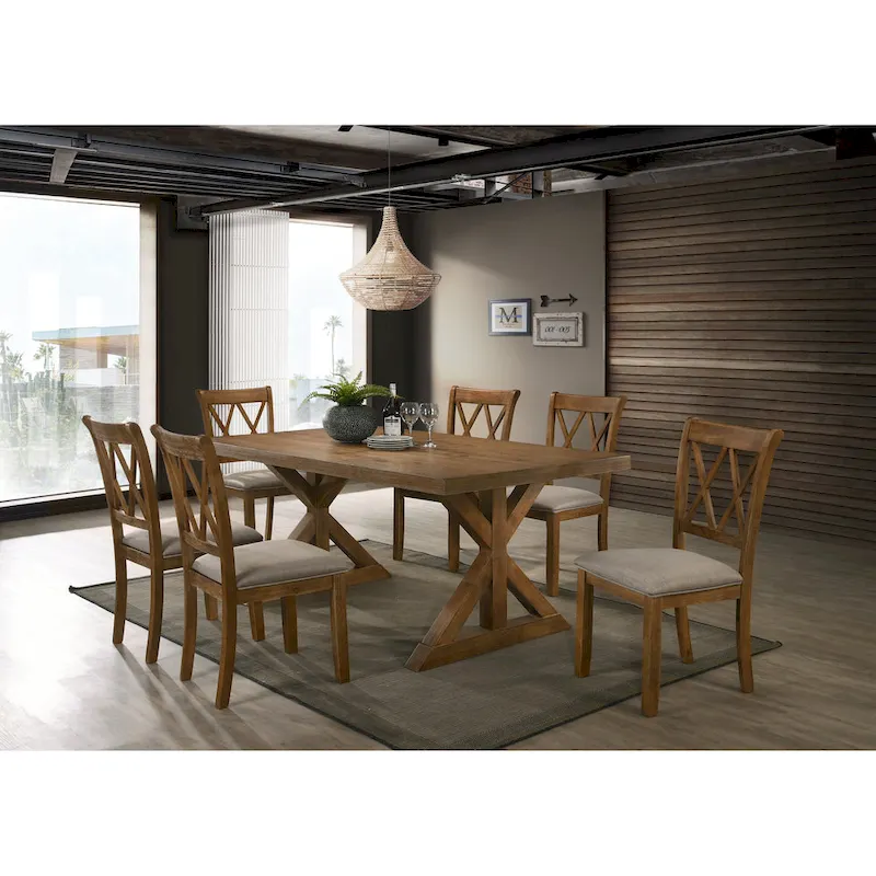 Roundhill Furniture Enna Morden Farmhouse Wood 7-Piece Trestle Dining Set, Brushed Driftwood Finish