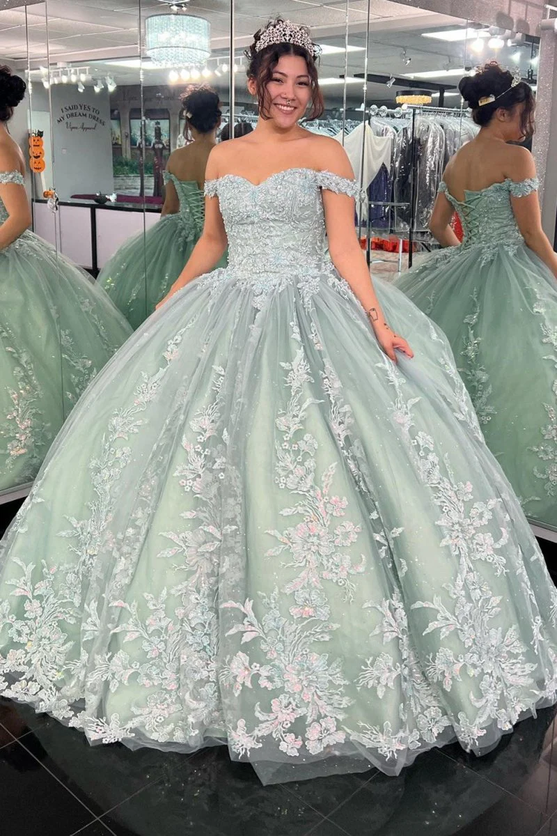 Off-the-Shoulder Dusty Sage Appliques With Lace Up Quinceanera Dress