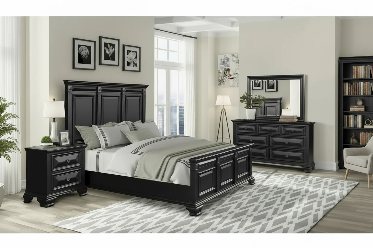 Vintage Black Wood Bedroom Set - Panel Bed, Dresser, Mirror, Two Nightstands
